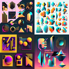 Abstract shapes collection, trending modern design elements, geometric shapes. Cyberpunk retro futurism set, vaporwave. Design elements for web, advertisement, posters
