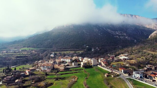 Beautiful aerial zoom out view of the village of Peramola, in Lleida, Catalonia, Spain. High quality 4k footage.