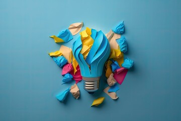 blue background and colored paper light bulb. Generative AI