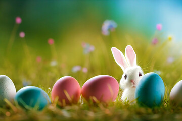 Easter bunny with colorful Easter painted eggs in a colorful meadow on Easter holiday, generative AI
