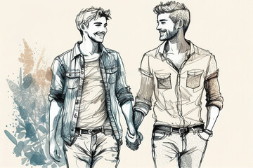 Fototapeta na wymiar sketch of happy smiling gay couple holding hands, pride & proud, lgbt, generative AI