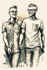 sketch of happy smiling gay couple holding hands, pride & proud, lgbt, generative AI