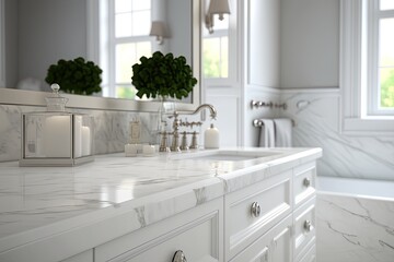 Empty white marble bathroom countertop in a contemporary setting, with a blurred background of a bright, elegant bathroom. Generative AI