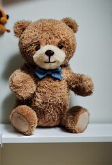 children's teddy bear sits on a shelf in a children's room, generative AI