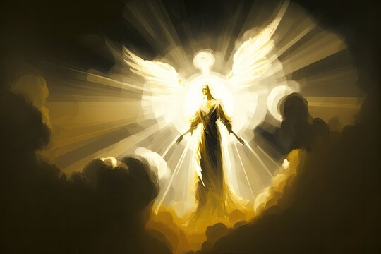 Abstract Digital Painting Illustration Of A Heavenly Angel Formed Of Light In The Clouds With Golden Rays. Generative AI