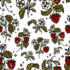 Hand drawn vintage strawberry fruit and flower vector seamless pattern illustration for paper wrapping, decoration, birthday gift, organic products, nature brand elements