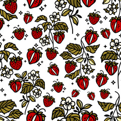 Hand drawn vintage strawberry fruit and flower vector seamless pattern illustration for paper wrapping, decoration, birthday gift, organic products, nature brand elements