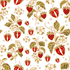 Fototapeta na wymiar Hand drawn vintage strawberry fruit and flower vector seamless pattern illustration for paper wrapping, decoration, birthday gift, organic products, nature brand elements
