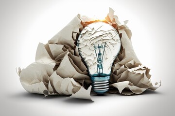 This is a fantastic, original idea. Symbol of a light bulb represented by crumpled paper; white background. Generative AI