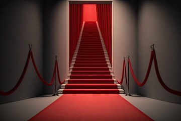red carpet leading up to a stairwell, enclosed by rope obstacles. Generative AI