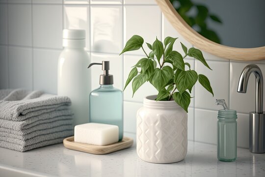 Bathroom counter with soap dispenser, toothbrush holder, white towel, and house plant, with a tiled wall in the backdrop. Looking forward. Location for copying. Generative AI