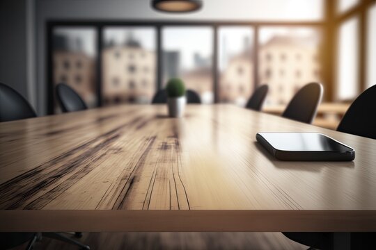 blurred office and meeting room in the background of an empty wooden table top. Generative AI