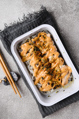 Salmon Mentai Shirataki, Japanasse Cuisine Served on Ceramic Plate