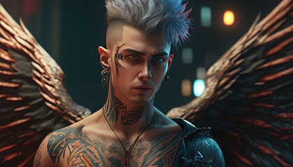 fallen angel with a rebellious digital art illustration, Generative AI