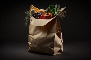 Contrasted against a black background, a paper bag stuffed with assorted healthful foods. The best vantage point. Generative AI