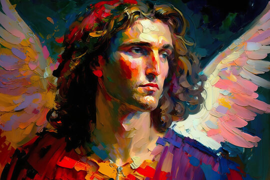 Loose brushstrokes depict Archangel Raphael in Impressionist style. Generative AI