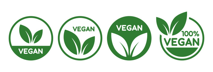 Vegan food icon set badge sign. Bio, Ecology, Organic logos and badges, label, tag. Green leaf on white background. Vector illustration.