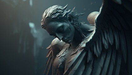 fallen angel with tattered wings digital art illustration, Generative AI