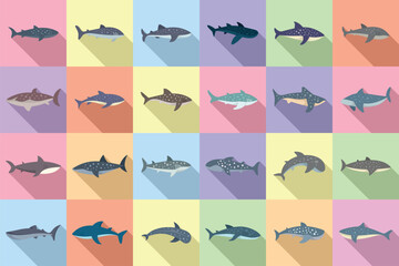 Whale shark icons set flat vector. Fish animal. Exotic mammal