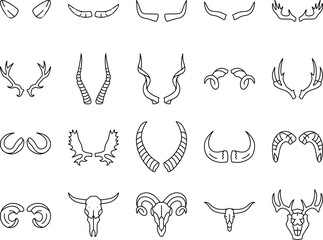 horn animal wildlife nature icons set vector