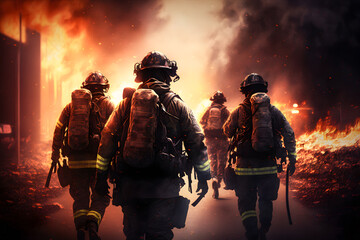 Firefighters fighting against smoke and blaze, AI generative