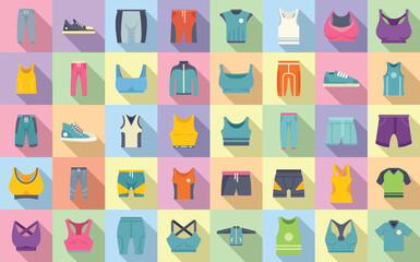 Workout fashion icons set flat vector. Athlete body. Wear sport