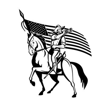 United States Cavalry On Horse Blowing Bugle With USA Flag Retro Black And White