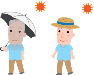 熱中症予防イラスト素材　日傘　帽子のおじいさん