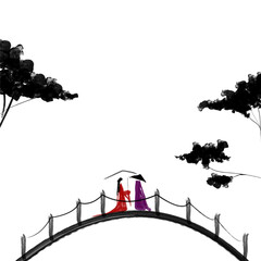 A drawing of women and men walking on a bridge beside the road ther with a  white background.