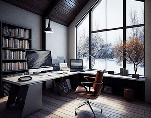 A Painting of a Contemporary Home Office in Winter | Generative AI