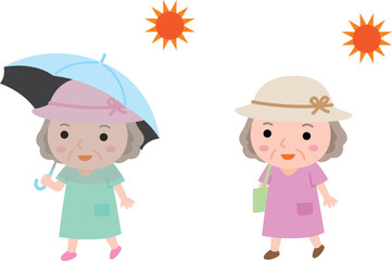 熱中症予防イラスト素材　日傘　帽子のおばあさん