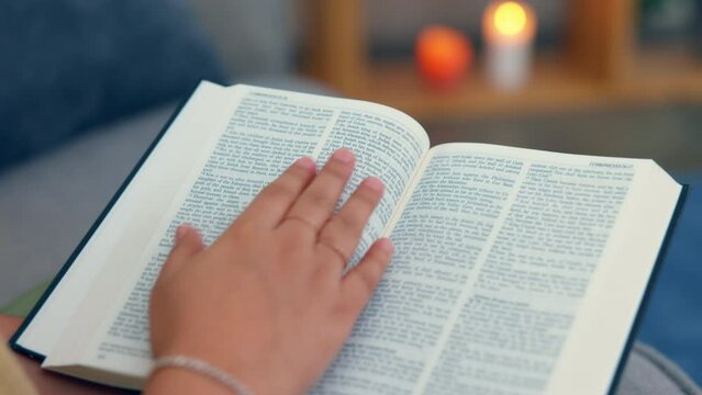 Closeup, hands and bible for Christian faith, religion and wellness with studying, prayer and learning. Zoom, hand and scripture for worship, praise or gratitude for spiritual connection or guidance