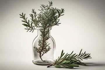 a sprig of rosemary in a vase, displayed on a white background. Generative AI
