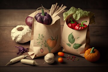 Vegetables picked from an organic farm and placed in zero waste paper bags, above a wooden background, in. Generative AI