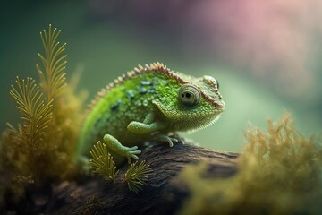 Obraz premium Baby green chameleon, captured in a stunning natural setting captured in macro. Generative AI
