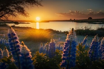 Captivating Bluebonnets: A Mesmerizing Lake View. Generative AI