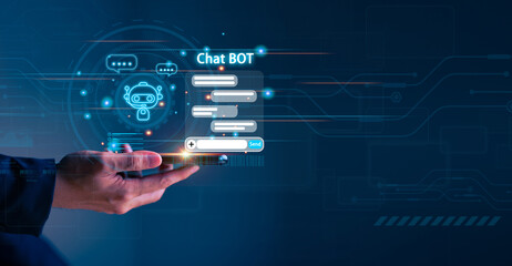 Businessman using smartphone for digital chatbot for comunication chat with bot, robot application, conversation assistant, AI Artificial Intelligence concept, digital chatbot on virtual screen.