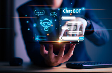 Businessman using smartphone for digital chatbot for comunication chat with bot, robot application, conversation assistant, AI Artificial Intelligence concept, digital chatbot on virtual screen.