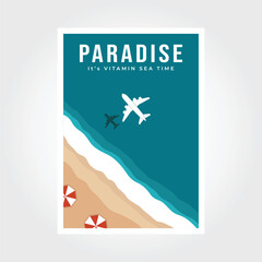 beach poster. Top view overhead seaside. Beach, sand, sea shore with blue waves