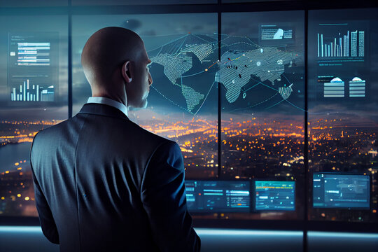 Businessman in suit overlay with cityscapes and chat, data analytic concept generative ai