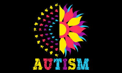 Autism Sunflower Icon Colorful Design, Puzzle Pieces. Autism Sunflower T-shirt Design