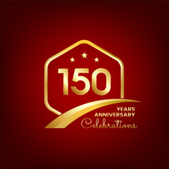 150 years anniversary inside of gold hexagon and curve with red backgrounds