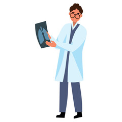 Male doctor with x-ray lungs scan on white background