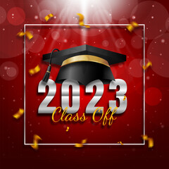 class off 2023 background with graduation toga hat illustration