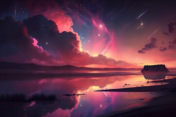 Obraz premium Amazing heavenly scenery, with pink clouds and a glistening horizon amidst dazzling light from above and falling stars. Generative AI