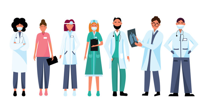 Group of different doctors on white background