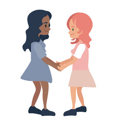 Homosexual couple of two enamored girls of different race. Multiracial love partners. Valentine Day. Gay girlfriends. Flat vector Illustration isolated on white background.