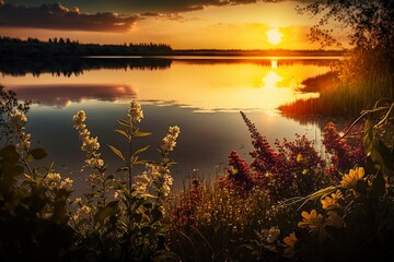 "Nature's Canvas: Wildflowers in Sunset Glow by the Lake" Generative ai