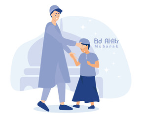Ramadan kareem mubarak happy moslem family celebrating eid al fitr to all muslim,  flat vector modern illustration