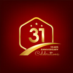 31 years anniversary inside of gold hexagon and curve with red backgrounds
